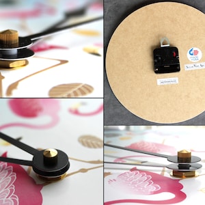 The image is a collage of four photos showing different parts of a clock, including the hands, the clock face, and the base.