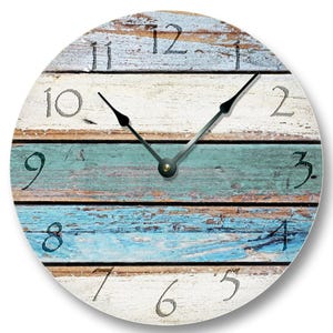 May include: A round wooden clock with a distressed blue and white paint finish. The clock face has black hands and white Roman numeral markings.