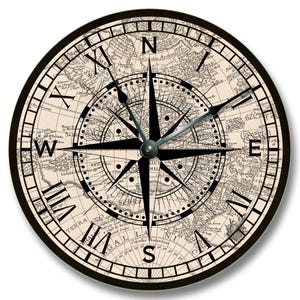 Compass Rose Wall Clock: Antique Map Design, Beachy Home Decor