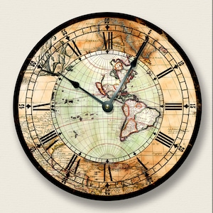 May include: Round wall clock featuring a vintage world map design. The clock face displays Roman numerals and black clock hands. The clock has a black frame and a cream-colored background, creating a classic aesthetic.
