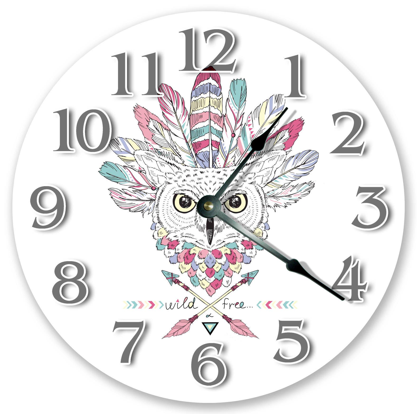 Owl and Feather Wall Clock: Pink Bird Artwork (Silent, Indoor Use)