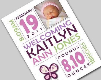 SUGAR PLUM Baby Announcement set of 8 with envelopes customized with your info & photo