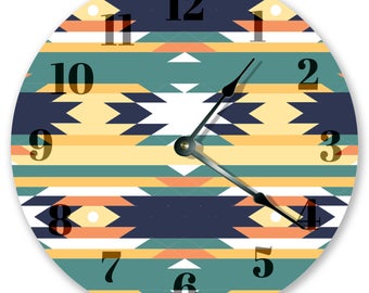 10.5" Cool Aztec Clock - Blue Yellow and Green Clock - Living Room Clock - Large 10.5" Wall Clock - Home Décor Clock - 3429