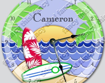 10.5" Wall Clock - Wall clock ISLAND SURF personalized Nursery art, Baby, Toddler, room decor