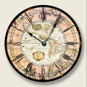 May include: Round wall clock with a vintage map design. The clock face features a detailed world map with Roman numerals marking the hours. The clock hands are black, and the frame is dark brown.