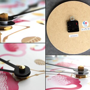 The image is a collage of four photos showing different parts of a clock, including the hands, the clock face, and the base.