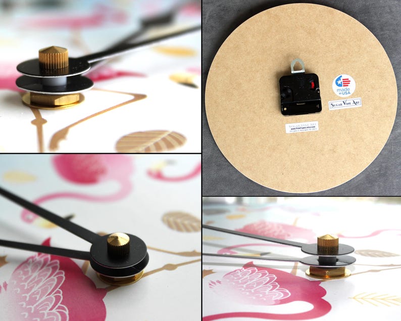 The image is a collage of four photos showing different parts of a clock, including the hands, the clock face, and the base.