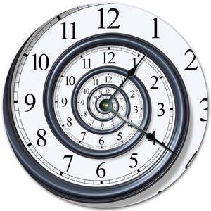 May include: A white clock face with black numbers and hands. The clock face is surrounded by a series of concentric circles, each with its own set of numbers. The clock face is set to 3:00.