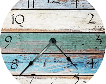 Shabby Chic Wall Clock: 15.5" Beachy Teal & Ivory Rustic Wood
