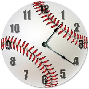 May include: A round baseball-themed wall clock. The clock face is designed to resemble a baseball, with red stitching and a white background. Black numerals mark the hours, and black hands indicate the time.