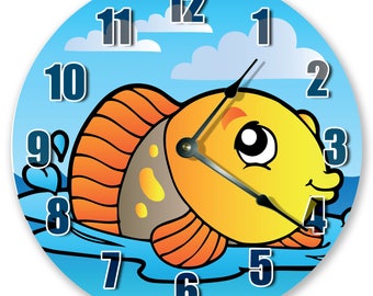 COLORFUL FISH WALL CLOCK BATHROOM DECOR OCEAN CHILDREN AQUA ORANGE YELLOW 
