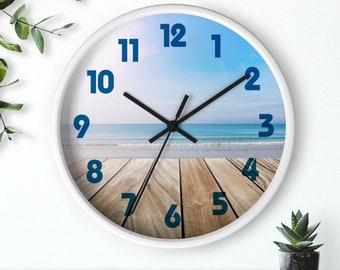 10" BEACH WALL CLOCK  Modern Home Decor Nautical Coastal Beach House Decor Ocean Scene Silent Clocks New Home Gift Tropical Shabby Chic Deck