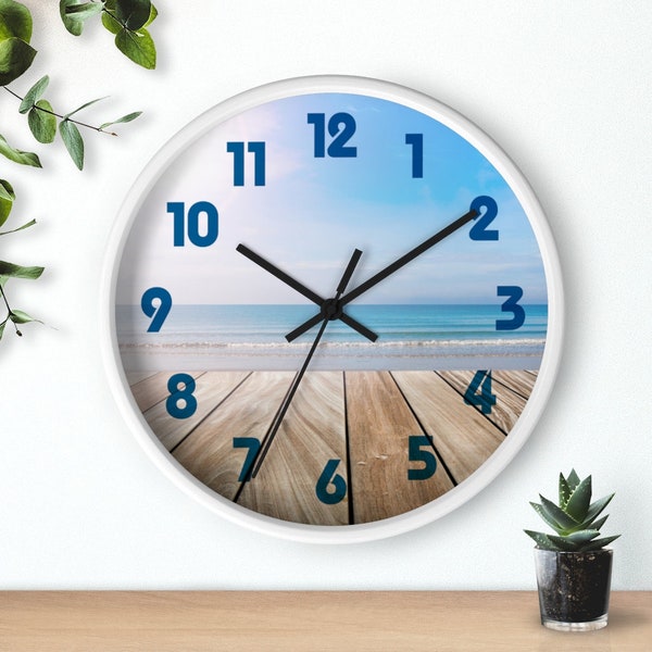 10" BEACH WALL CLOCK  Modern Home Decor Nautical Coastal Beach House Decor Ocean Scene Silent Clocks New Home Gift Tropical Shabby Chic Deck