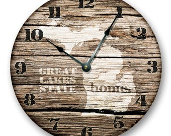 Michigan State Wall Clock: Rustic Barn Board Print, 10.5" MDF