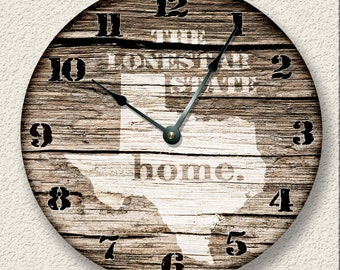 10.5" Wall Clock - Texas Home State Wall CLOCK  - Barn Boards pattern  - Lone Star State - rustic cabin country wall home decor