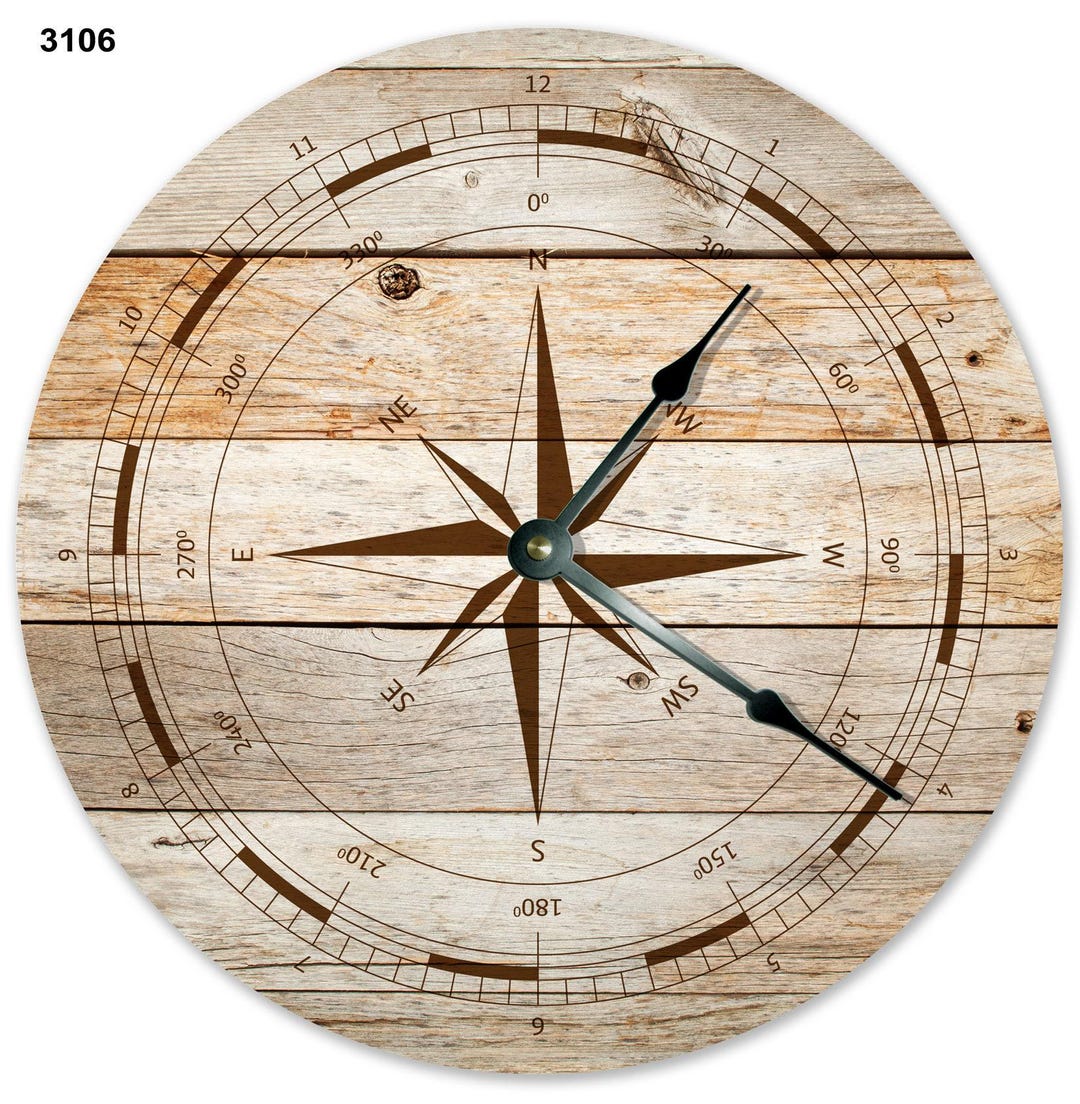 Navigation Wall Clock, Windrose Compass, Open Face (10.5