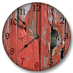 10.5" Wall Clock - Old Red Barn Boards with Barn Cat pattern WALL CLOCK rustic cabin country wall home decor 7112