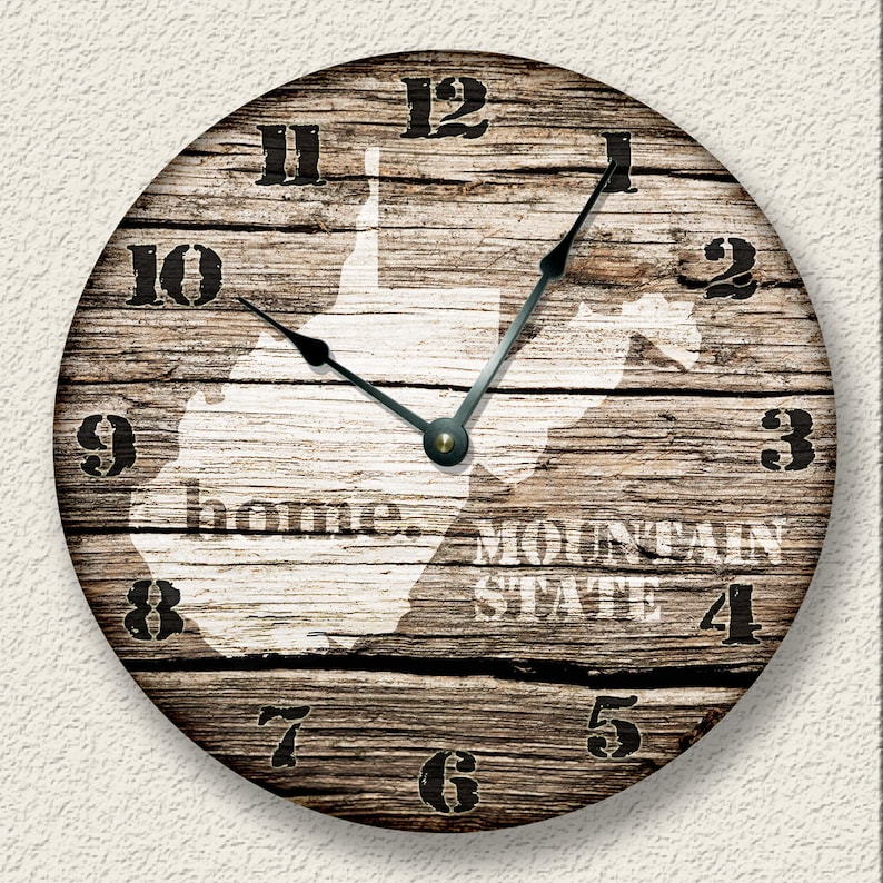 10.5 Wall Clock West Virginia Home State Wall CLOCK Barn Boards printed image Mountain State rustic cabin country wall home decor image 1