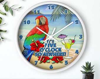 It's 5 O'CLOCK SOMEWHERE CLOCK Clock Tropical Coastal Modern Home Beach Decor House Warming Gift Personalized Clocks Parrot Martini Glass
