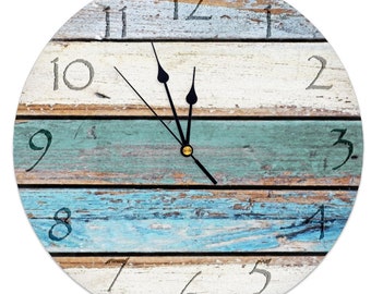 12" 15" Shabby Chic Distressed Teal Tan White Rustic Wood Wall Clock Custom Non-ticking Wooden Wall Clocks - 7111-15