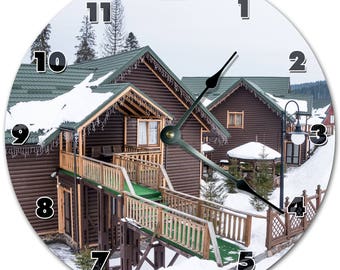 10.5" Wooden House Covered In Snow Clock - Living Room Clock - Large 10.5" Wall Clock - Home Décor Clock - 4370