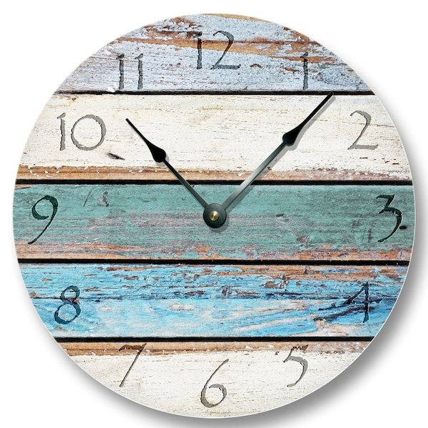 10.5" Wall Clock - Weathered Beachy Boards wall CLOCK - ocean colors old paint boards printed image - shabby beach wall home decor - 7111