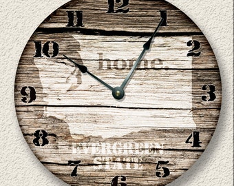 WASHINGTON Home State Wall CLOCK  - Barn Boards pattern  - Evergreen State - rustic cabin country wall home decor