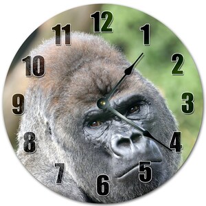May include: Round wall clock featuring a close-up of a gorilla's face. The clock face has black numerals and black clock hands. The background is a blurred green and brown.