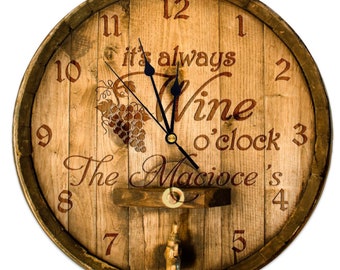 12" 15" 7128-15-12-FB It's Wine O'Clock Somewhere Wood Clock Barrel Home Decor Silent Custom Non-ticking Wooden Wall Clock