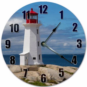 May include: A white lighthouse with a red roof stands on a rocky shore with a blue sky and ocean in the background. The lighthouse is a clock with black numbers and hands.