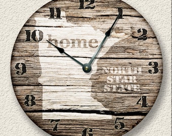 10.5" Wall Clock - MINNESOTA Home State Wall CLOCK  - Barn Boards pattern  - North Star State - rustic cabin country wall home decor