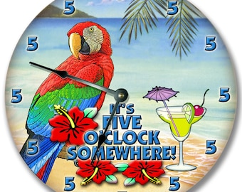 Retirement Gift IT'S 5 O'CLOCK Somewhere Silent Wall Clock Personalised Gift Home Living Room Decor Parrot Martini Modern Beach Personalized