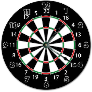 May include: A black dartboard clock with white numbers and a dartboard design in the center. The clock hands are black and silver. The dartboard has red, green, and white sections.