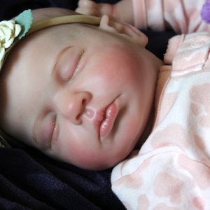 May include: A lifelike baby doll with closed eyes, rosy cheeks, and a soft, realistic complexion. The doll wears a floral headband and a pink onesie with a leopard print and the text "LITTLE SIS".