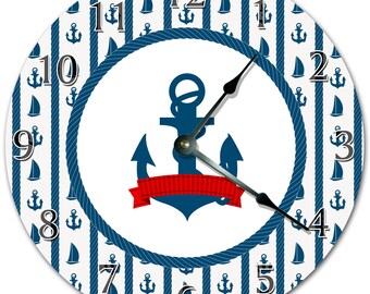 Orologio SEAMANS ANCHOR da 10,5" - Orologio blu e bianco - Orologio da soggiorno - Grande orologio da parete da 10,5" - Orologio per decorazioni domestiche - 4508