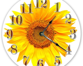 12" BRIGHT YELLOW SUNFLOWER Clock - Large 12 inch Wall Clock - Printed Photo Decal - 2110