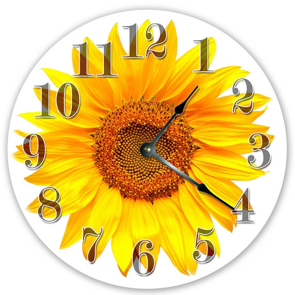 12" BRIGHT YELLOW SUNFLOWER Clock - Large 12 inch Wall Clock - Printed Photo Decal - 2110