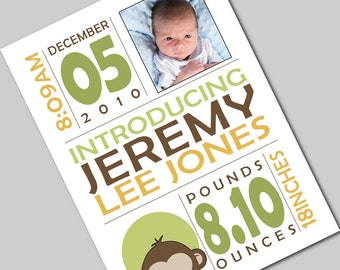 MOD MONKEY Baby Announcement set of 8 with envelopes customized with your info & photo