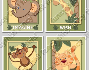 JUNGLE ANIMALS 8x10 Baby Nursery Art Prints, set of 4 includes an elephant, frog, giraffe, tiger & monkey custom