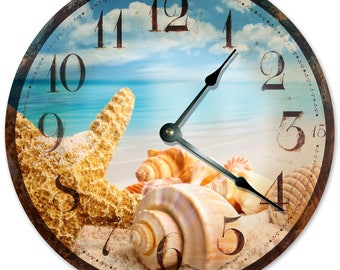 10.5" RUSTIC SEASHELL In The BEACH Clock - Living Room Clock - Large 10.5" Wall Clock - Home Décor Clock - 2031