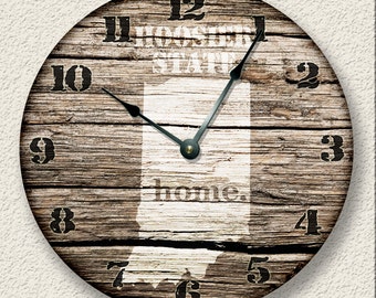 10.5" Wall Clock - INDIANA Home State Wall CLOCK  - Barn Boards pattern  - Hoosier State - rustic cabin country wall home decor