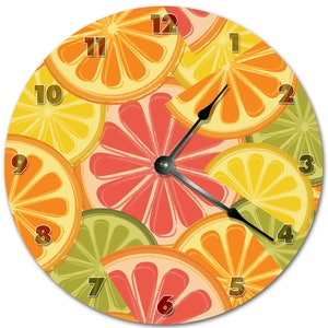 May include: A round wall clock featuring a vibrant design of citrus fruit slices in shades of orange, yellow, pink, and green. The clock face displays black hands and gold-colored numerals. The clock's design is a colorful and refreshing addition to any kitchen or dining area.