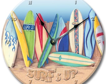 10.5" Wall Clock Surfing Decoration SURFBOARD Clocks Boy or Girl Baby Toddler, Unisex, custom room decor, Kids Room Clocks, Gift For Kids