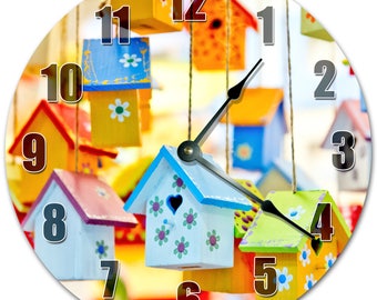 10.5" Colorful TINY HANGING HOUSES Clock - Living Room Clock - Large 10.5" Wall Clock - Home Décor Clock - 5064