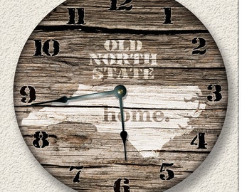 10.5" Wall Clock - North Carolina Home State Wall CLOCK  - Barn Boards pattern  - Old North State - art rustic cabin country wall home decor