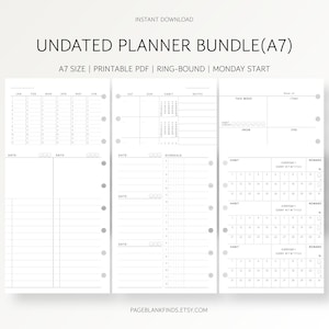 Op de afbeelding: Een witte, ongedateerde plannerbundel met de tekst "UNDATED PLANNER BUNDLE(A7)". De planner bevat secties voor maandelijkse, wekelijkse en dagelijkse planning, met ruimte voor data, gewoonten en notities. De planner is A7-formaat.