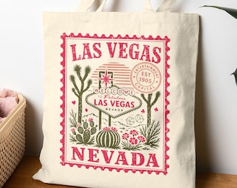 Vintage Las Vegas Tote Bag, Nevada Stamp Tote Bag, Retro Welcome Sign Dice Mojave Desert Cactus Joshua Tree Vegas Casino Trip Vacation Gift