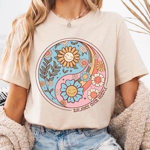 Boho Yin Yang Floral T-Shirt | Retro Flowers Shirt, Balance Over Hustle Aesthetic Tee, Hippie Positive Vibes Tee, Cute Bohemian Daisy Shirt