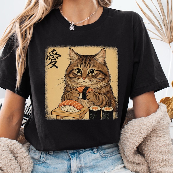Retro Japanische Sushi-Katze Unisex T-Shirt | Lustiges Katzen-Shirt, Japan Anime Art Style Tierliebhaber Geschenk für Katzenmama Papa, süßes Feinschmecker-Kätzchen-T-Shirt