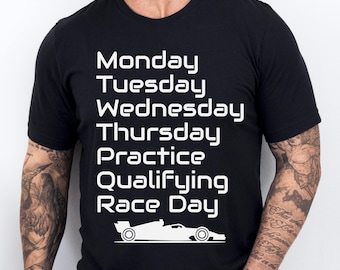 Koszulka unisex Race Week Motorsport | Poniedziałek Wtorek Środa Czwartek Trening Kwalifikacje Dzień wyścigu | Zabawna koszulka prezentowa dla miłośnika samochodów wyścigowych